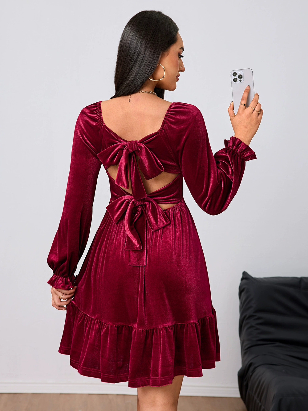 ZARA French Velvet Wine Red Midi Dress Spring Summer Luxury - Picture 2 of 6